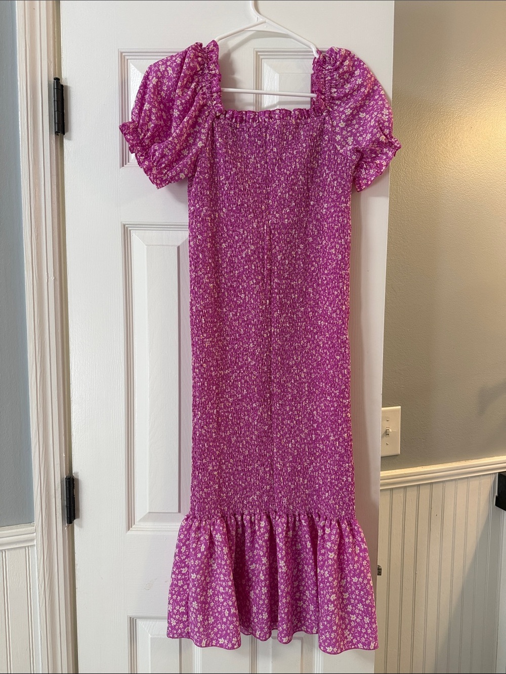 Maternity Smocked Puff-Sleeve Floral Dress in Fuchsia Pink